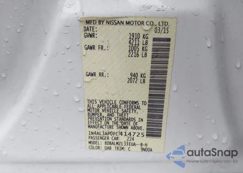 2015 Nissan Altima 2.5 Sv из США, поврежденный, VIN 1N4AL3AP0FC414725